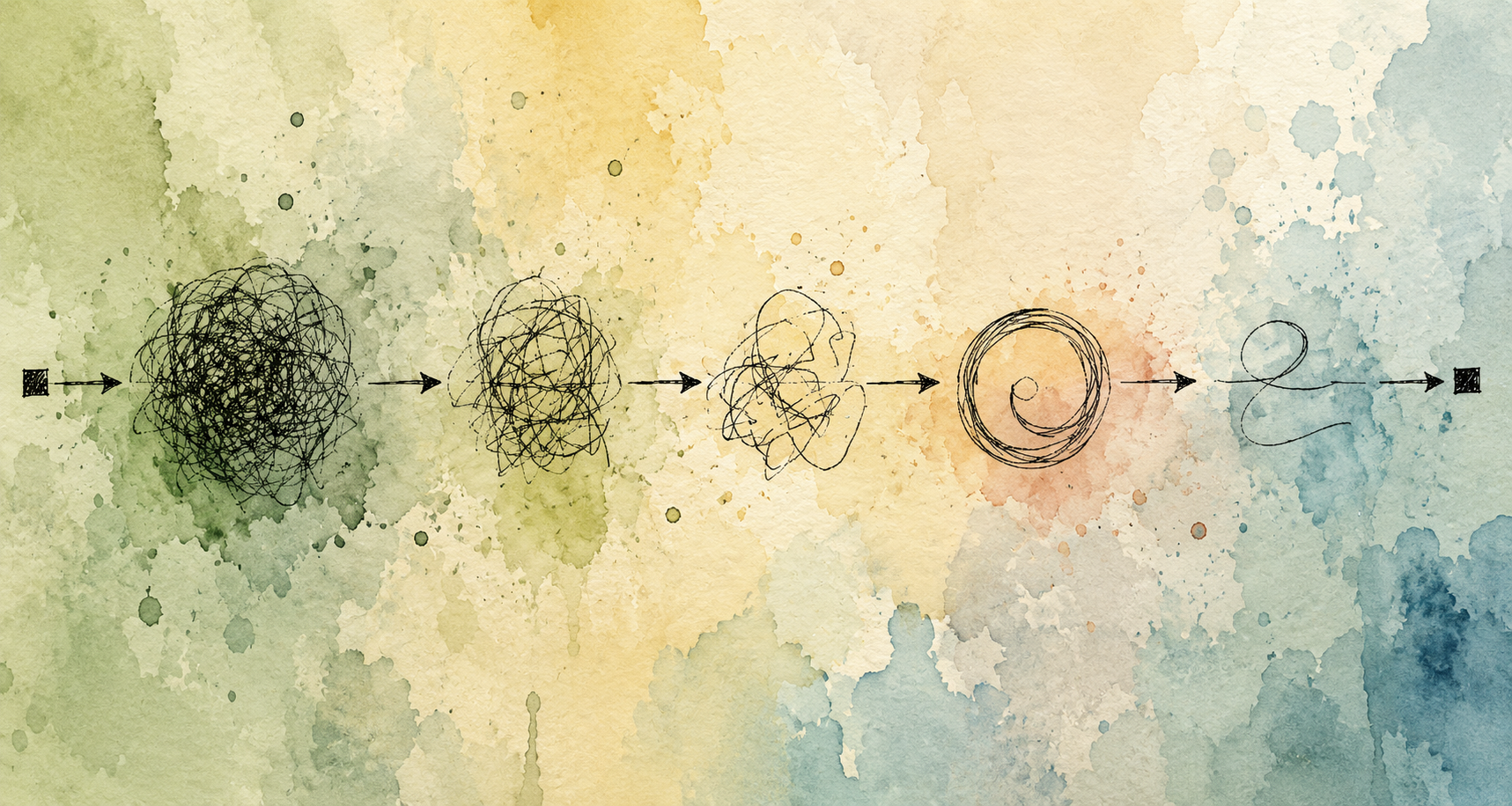 Abstract illustration of tangled complexity gradually resolving into clarity